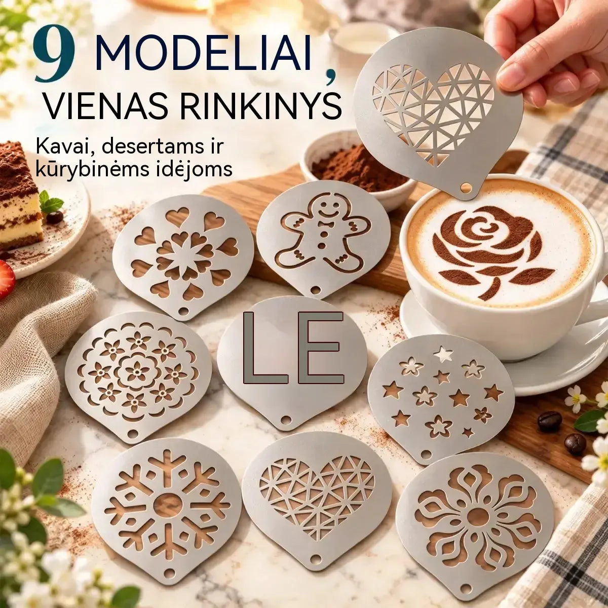 ☕ 9 vnt. nerūdijančio plieno trafaretų rinkinys latte menui – kurkite gražius kavos raštus lengvai! ✨