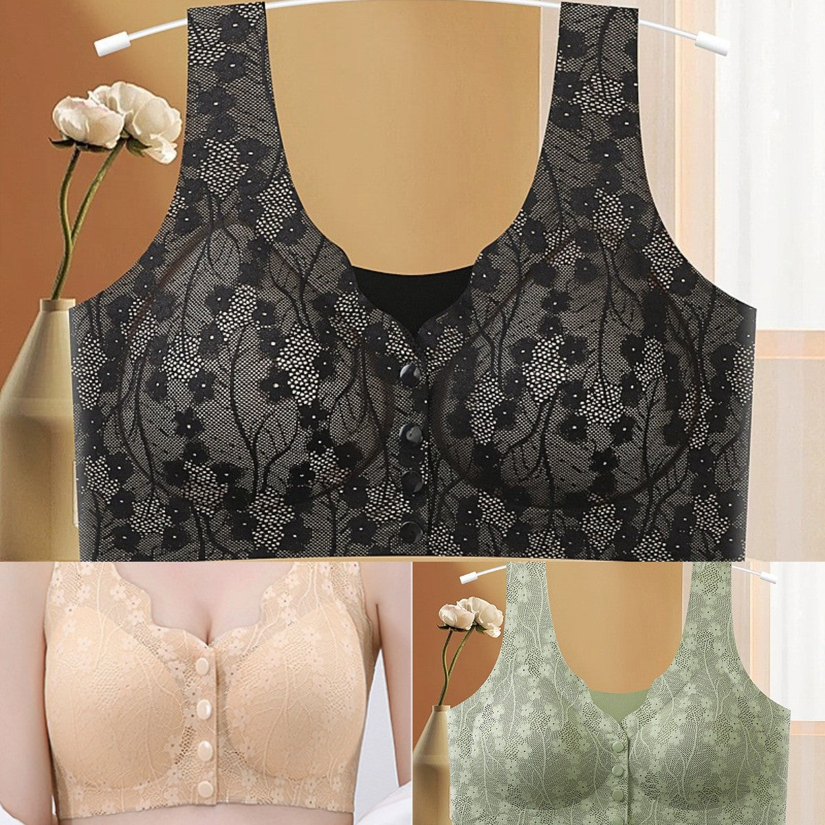 【M-4XL, комплект от 3 броя】Дамски сутиен без банели с копчета отпред 【40-100 кг】