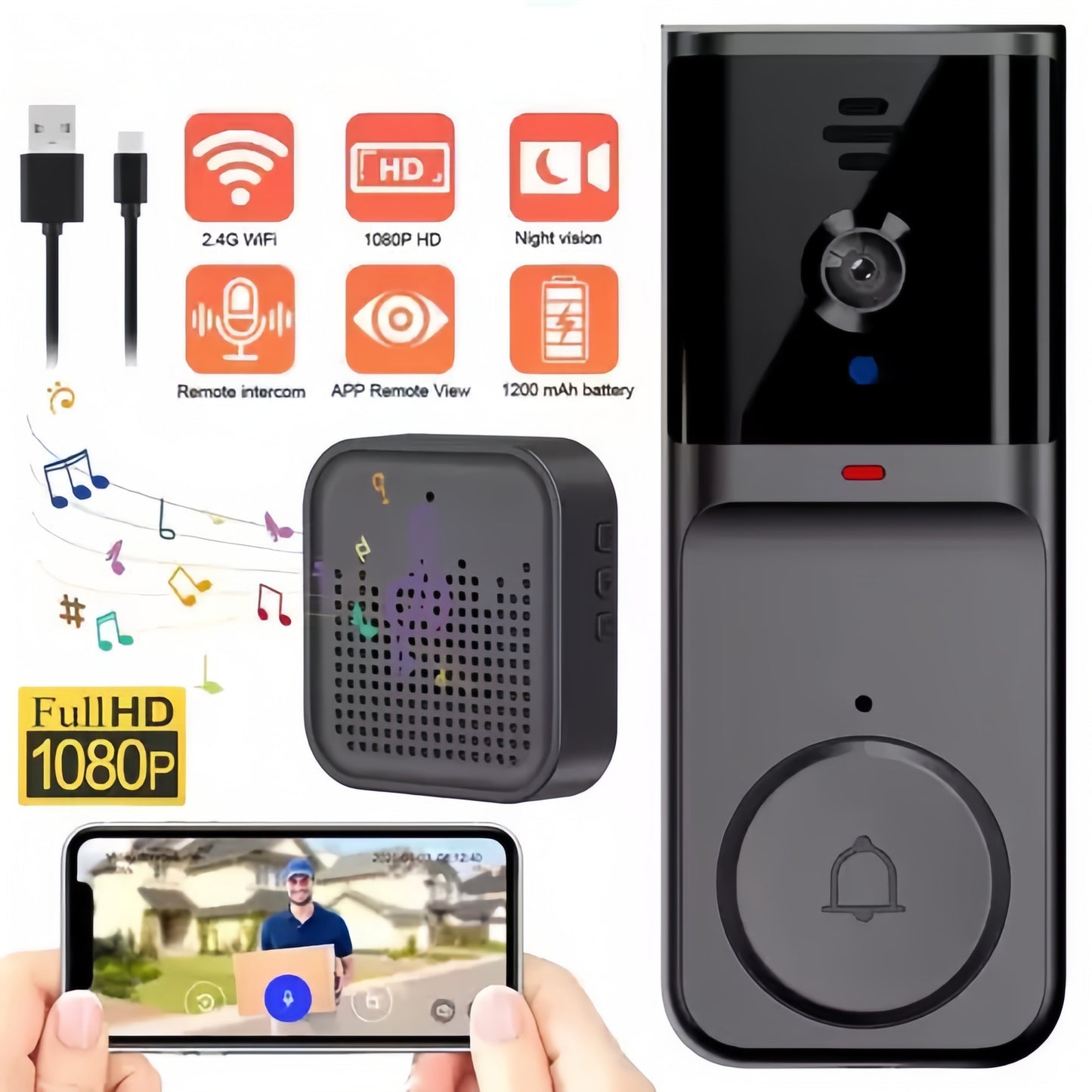 🔥Cámara de timbre inalámbrico: 1080P, ángulo de 170°, pantalla de 4,3 pulgadas, impermeabilización exterior IPX65, visión nocturna