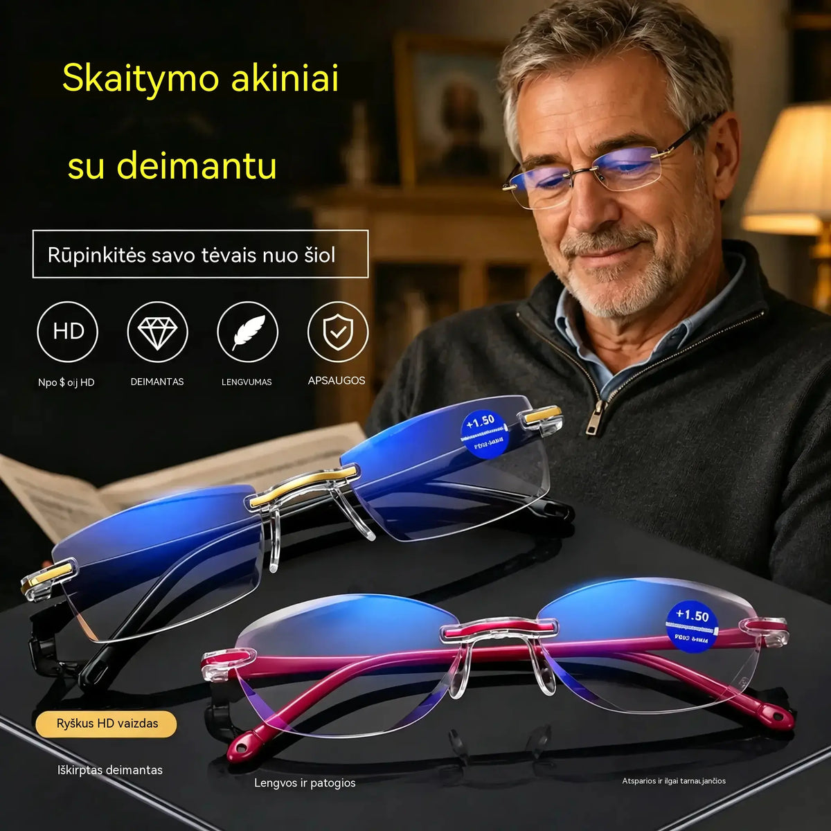 1 pora už 24 € 🧐👓️ Elegantiški skaitymo akiniai, blokuojantys mėlynąją šviesą; berėmis dizainas mažina akių įtampą ir padeda išvengti trumparegystės; tinka tiek vyrams, tiek moterims.