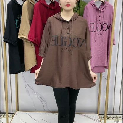 🔥👚【2XL-6XL】2025 nové módní tričko volné velikosti s kapucí, tenké ledové hedvábné bavlněné bavlněné konopné tričko