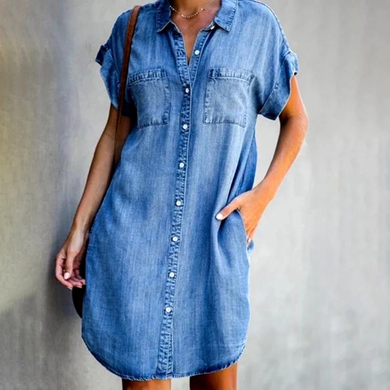 🔥【50% sleva】✨【Vysoce kvalitní sukně】😍【S-5XL】Džínové šaty s krátkým rukávem-3969896