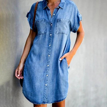 🔥【50% sleva】✨【Vysoce kvalitní sukně】😍【S-5XL】Džínové šaty s krátkým rukávem-3969896