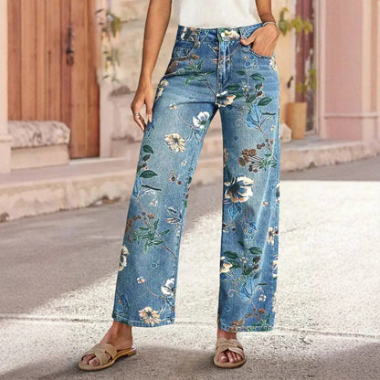 🔥【Alta calidad】👖Jeans mujer rectos de pierna ancha con estampado, cómodos y modernos para primavera y otoño