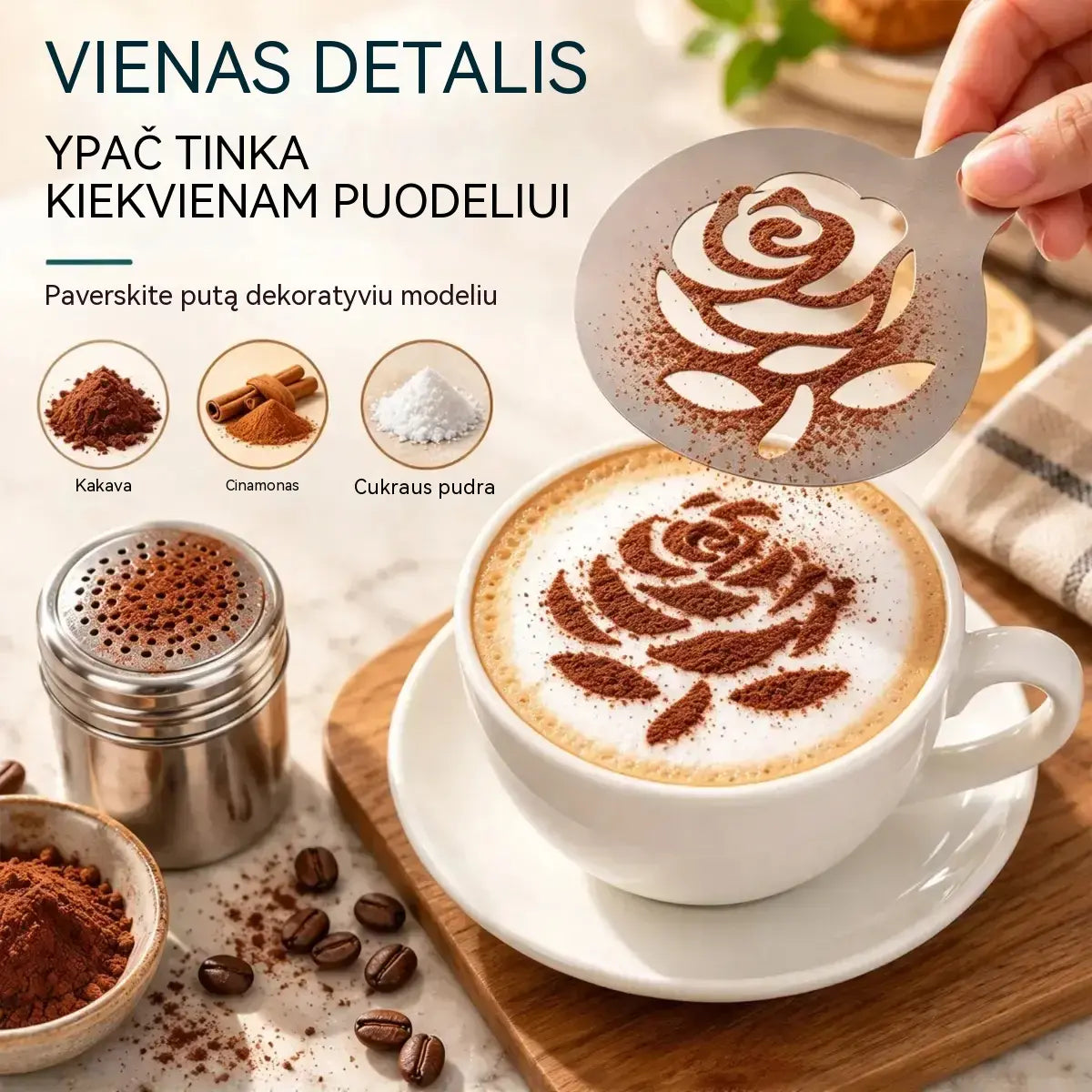 ☕ 9 vnt. nerūdijančio plieno trafaretų rinkinys latte menui – kurkite gražius kavos raštus lengvai! ✨