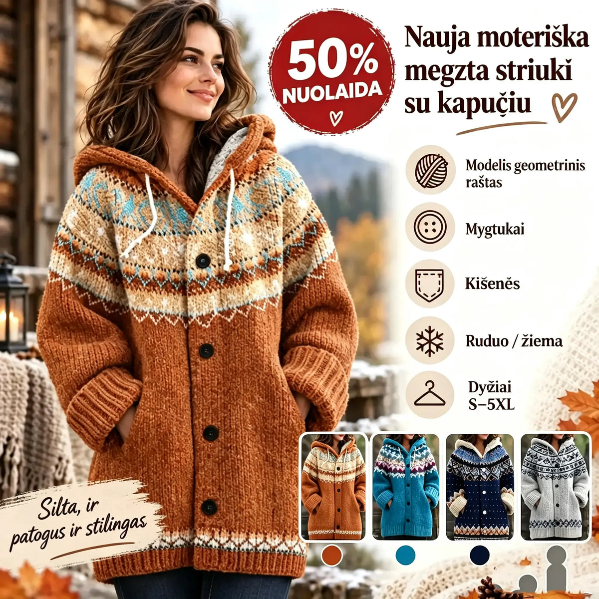 🔥【S–5XL】✨Naujas moteriškas megztas švarkelis su gobtuvu, geometrinis raštas, užsegamas sagomis, rudeniui ir žiemai, dydžiai S–5XL