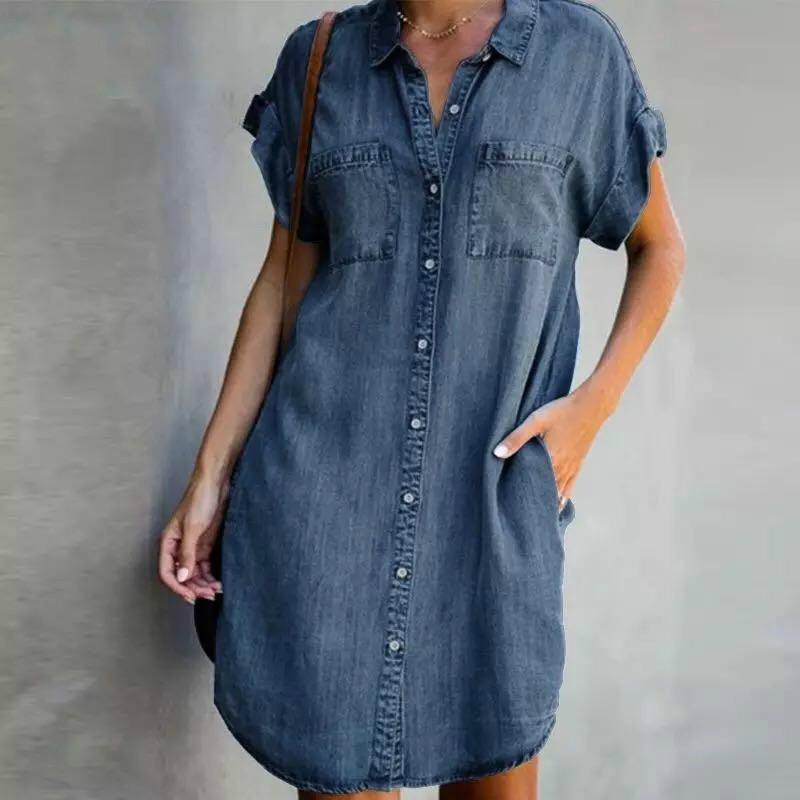 🔥【50% sleva】✨【Vysoce kvalitní sukně】😍【S-5XL】Džínové šaty s krátkým rukávem-3969896