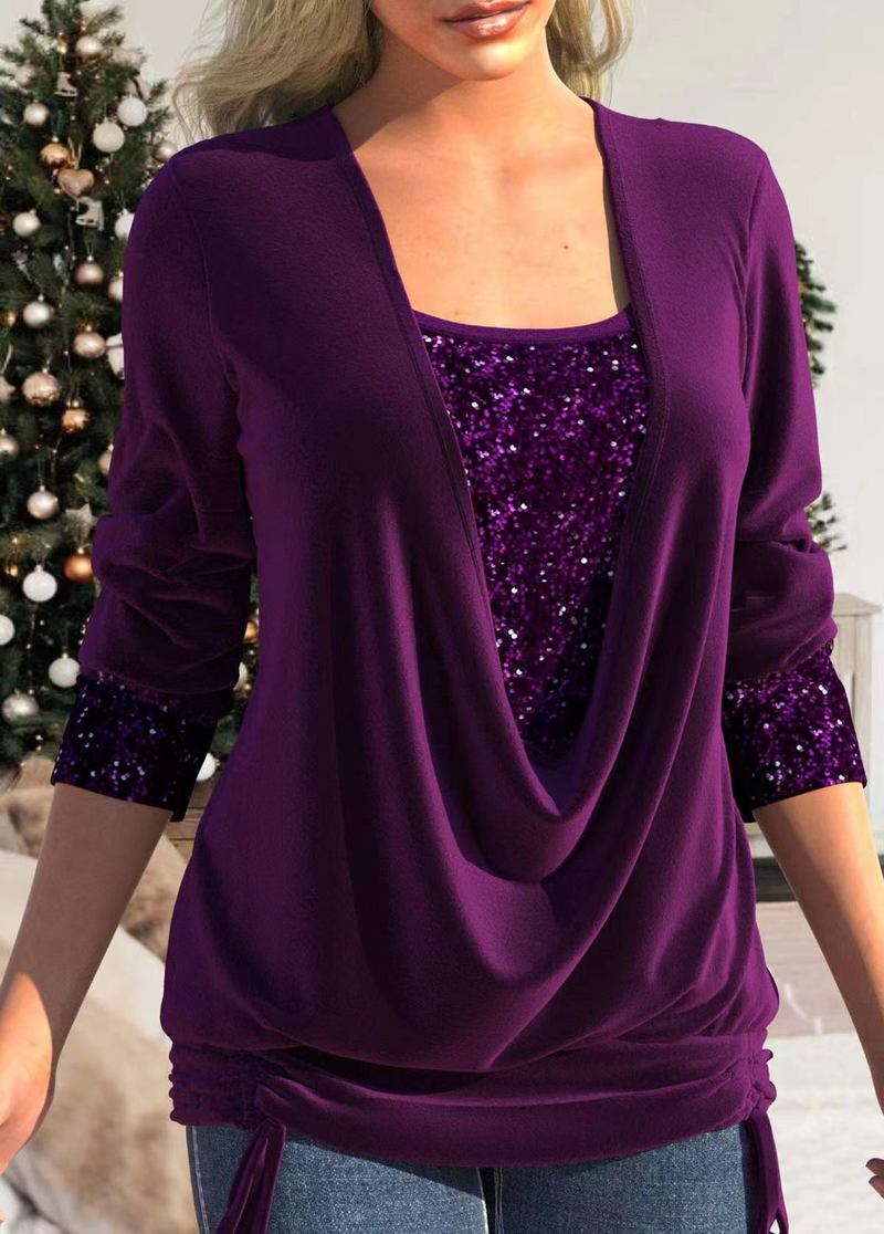 ✨【M–5XL】Nový flitrovaný dvoudílný top s dlouhými rukávy a kontrastním velkým límcem