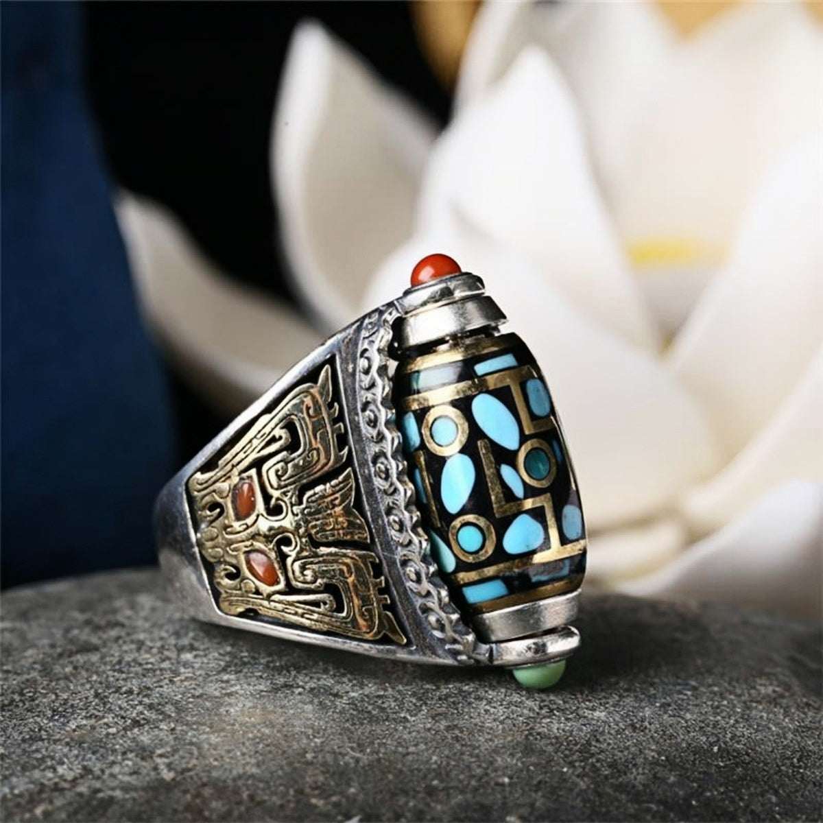 [Koupit 1 a získat 1 zdarma] 925 Sterling Silver Tyrkysové Mantra Transfer Beads Šestimístný kroužek（Nastavitelná velikost otvoru）-3844357