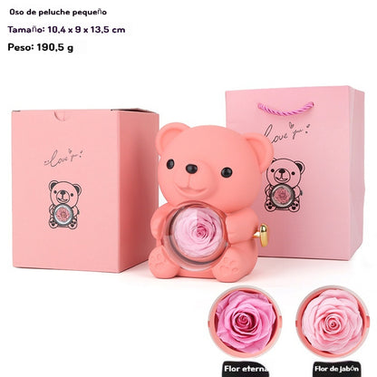 ✨ Adorable osito con rosa eterna – osito decorado con rosa natural, presentado en una elegante caja de regalo – regalo romántico para el Día de la Madre, bodas, aniversarios, despedidas de soltera, Navidad y San Valentín