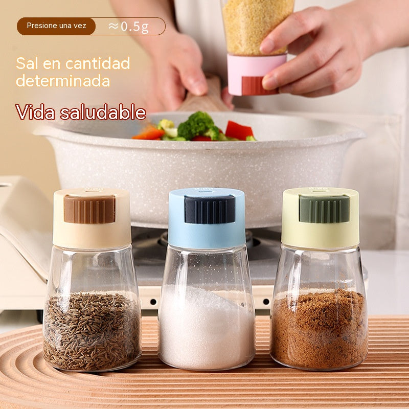 【Compra 2 y llévate 2 gratis】Recipiente medidor de sal tipo prensa de cocina, caja de condimentos, botella de condimentos de cocina