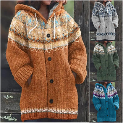 🔥50% отстъпка🔥 ✨Ново дамско плетено яке с качулка, геометричен десен, закопчаване с копчета, за есента и зимата, размери S–5XL