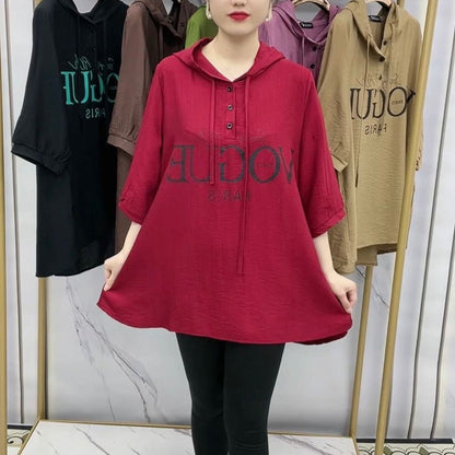 🔥👚【2XL-6XL】2025 nové módní tričko volné velikosti s kapucí, tenké ledové hedvábné bavlněné bavlněné konopné tričko