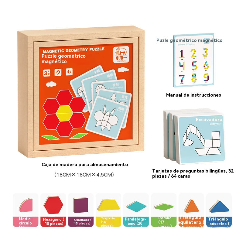 👶🌈🧩【128 kosov】🔥Magnetna lesena sestavljanka tangram, igrača za trening možganov in izobraževanje otrok, spodbuja razmišljanje.