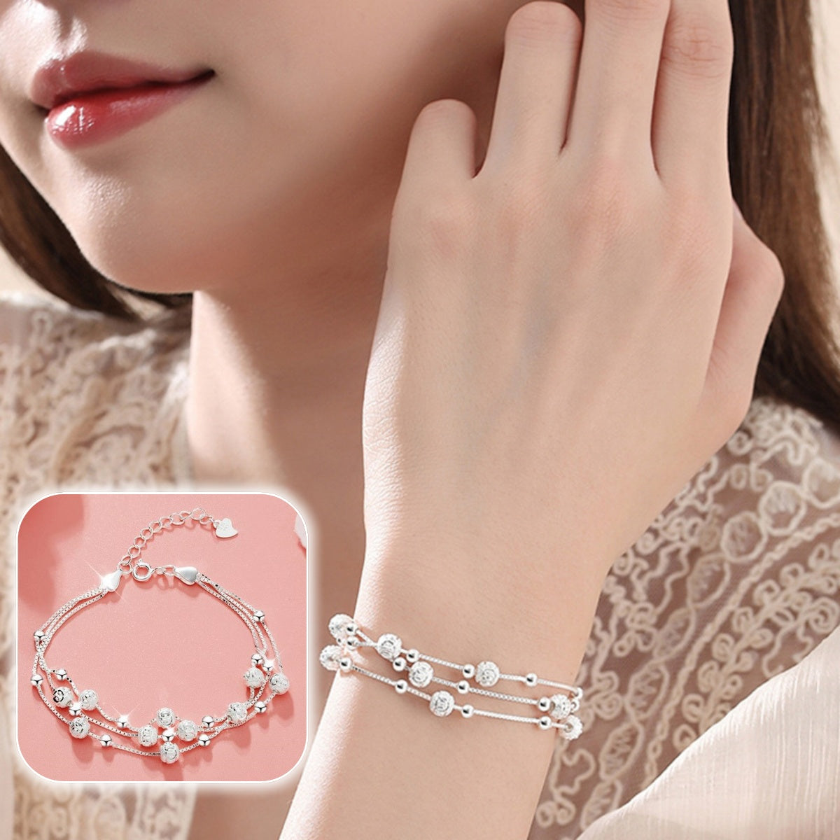 🍨【Compra uno y llévate otro】🧊 Pulsera plateada con cuentas de la suerte "Tres vidas", elegante y brillante para ella