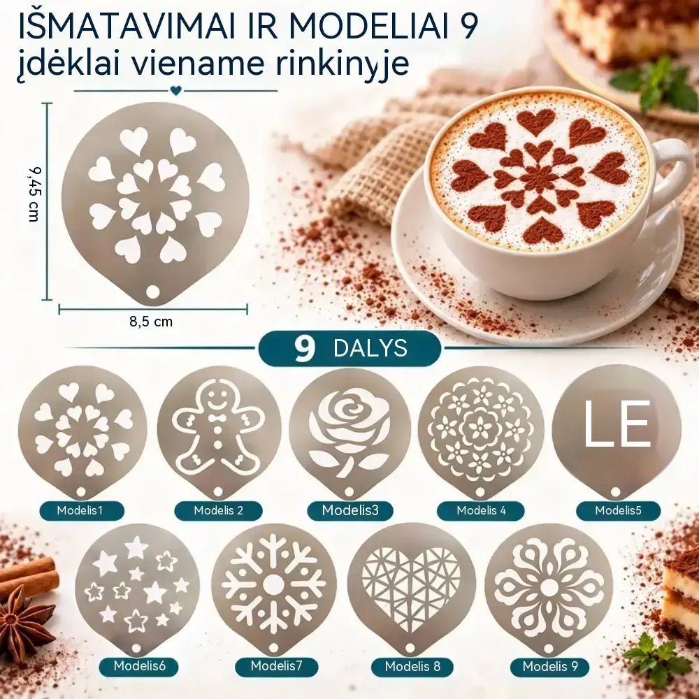 ☕ 9 vnt. nerūdijančio plieno trafaretų rinkinys latte menui – kurkite gražius kavos raštus lengvai! ✨