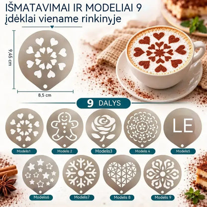 ☕ 9 vnt. nerūdijančio plieno trafaretų rinkinys latte menui – kurkite gražius kavos raštus lengvai! ✨