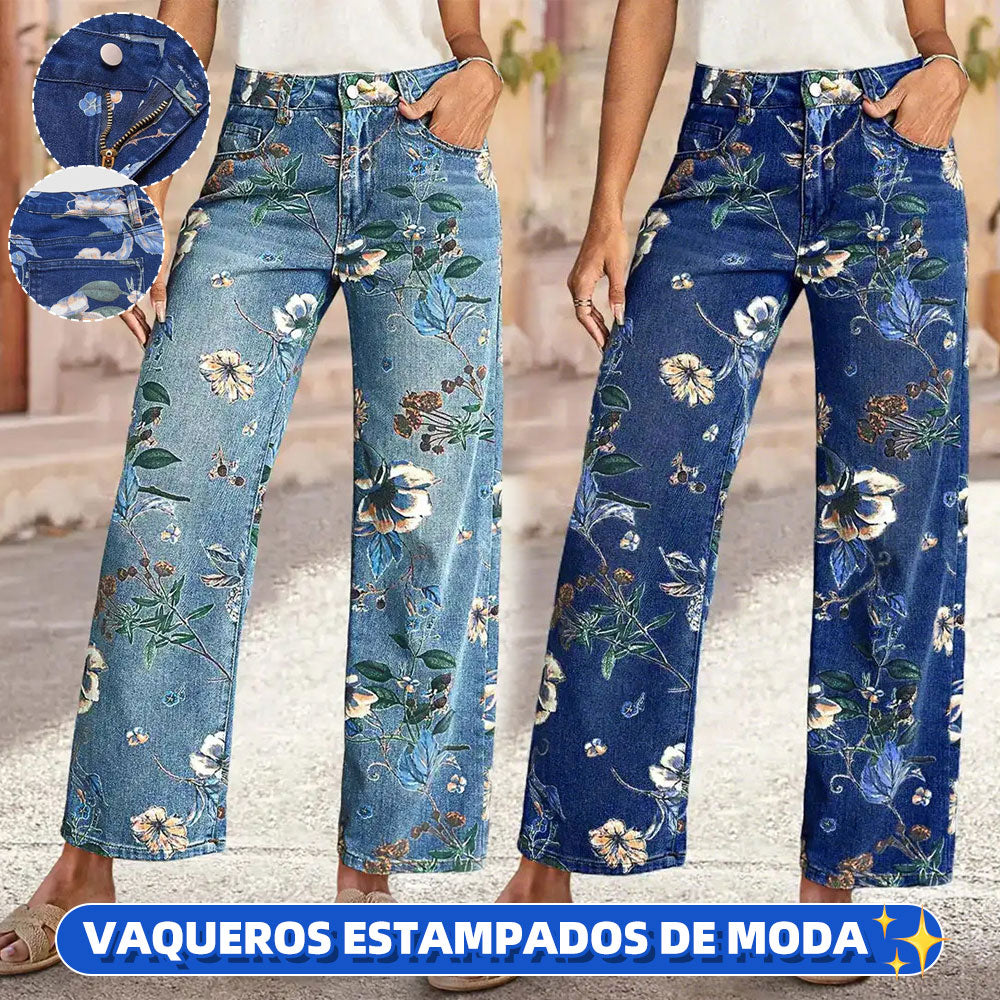 🔥【Alta calidad】👖Jeans mujer rectos de pierna ancha con estampado, cómodos y modernos para primavera y otoño