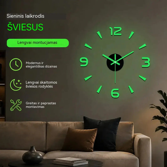 🕑✨ Šviečiantis 3D akrilinis sieninis laikrodis – nereikia gręžti (reikia surinkti)