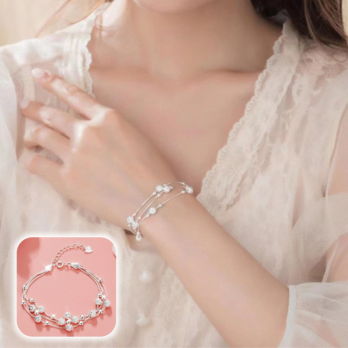 🍨【Compra uno y llévate otro】🧊 Pulsera plateada con cuentas de la suerte "Tres vidas", elegante y brillante para ella