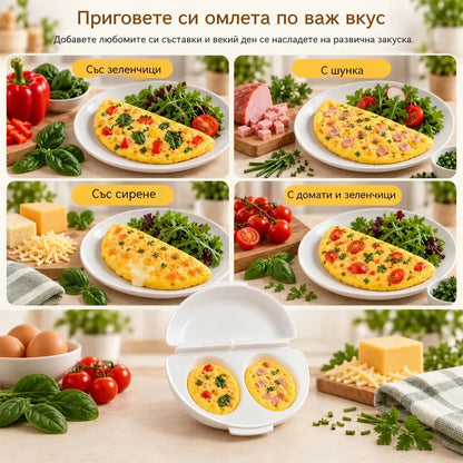 🔥1 брой за 23 евро 🍳 Перфектната закуска, готова за минути! Уред за яйчени рулца в микровълнова фурна 🥚 | 2 отделения · безопасно незалепващо покритие · свалящи се панти за лесно почистване · бързо приготвяне без мазнина