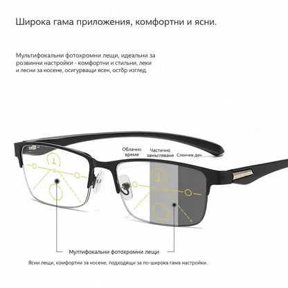 Нови очила за пресбиопия с полурамка, подходящи за хора на средна и по-напреднала възраст, с функции за увеличение, мултифокални възможности, реакция към светлината (фотохромен ефект) и защита от синя светлина.
