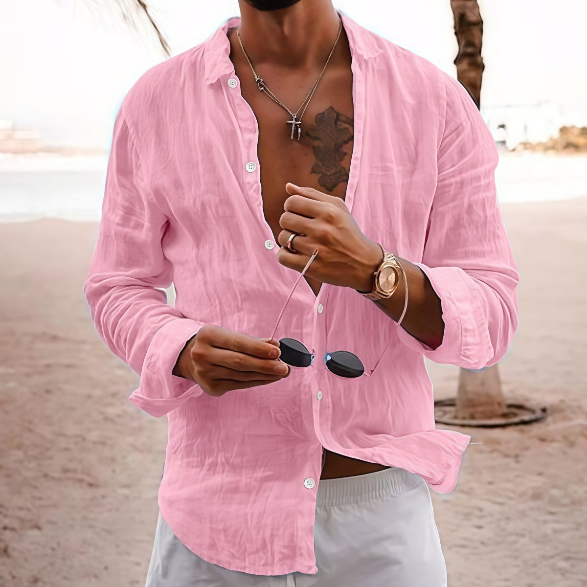 🔥【50% de descuento】Camisa de hombre de algodón y lino con cuello doblado.【S-5XL】