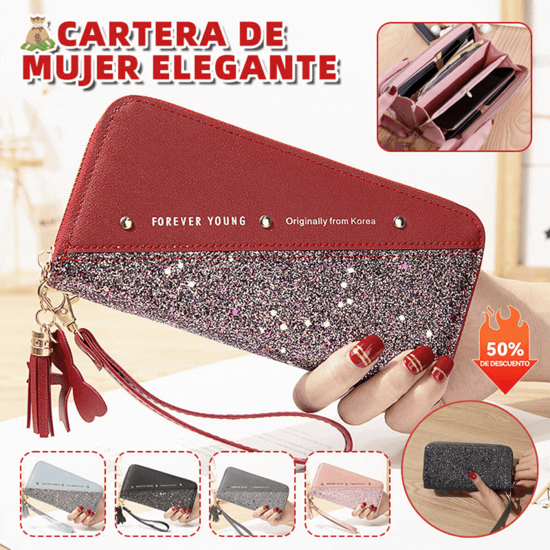 🔥【Compra 1 y recibe 1 gratis】👛 Billetera para mujer de gran capacidad con doble cremallera y diseño moderno en contraste