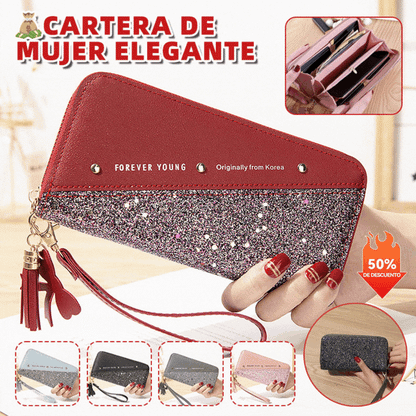 🔥【Compra 1 y recibe 1 gratis】👛 Billetera para mujer de gran capacidad con doble cremallera y diseño moderno en contraste