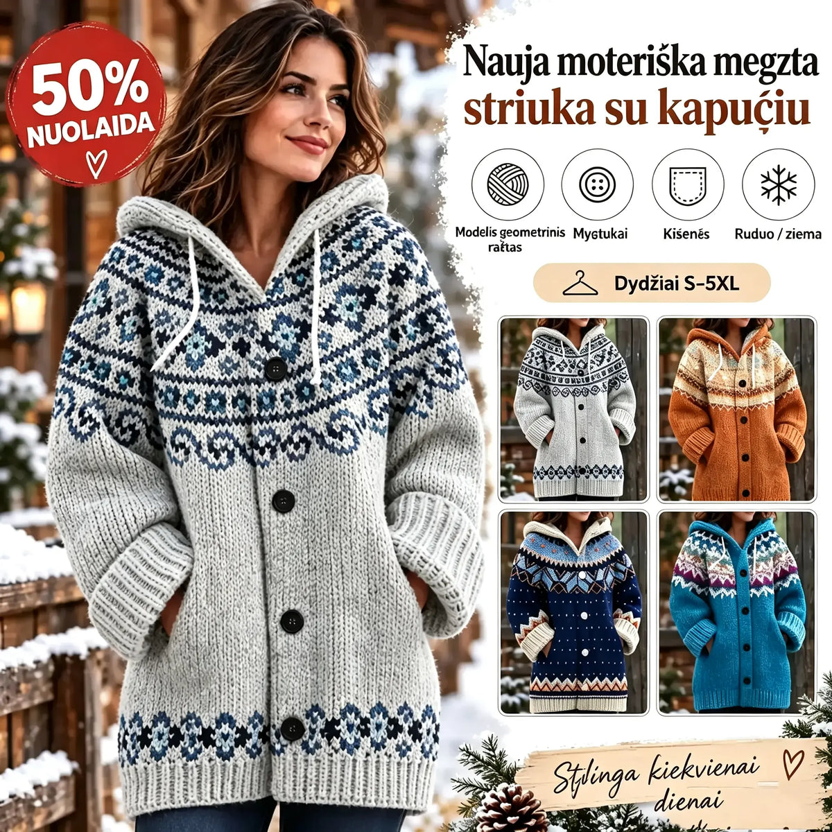 🔥【S–5XL】✨Naujas moteriškas megztas švarkelis su gobtuvu, geometrinis raštas, užsegamas sagomis, rudeniui ir žiemai, dydžiai S–5XL