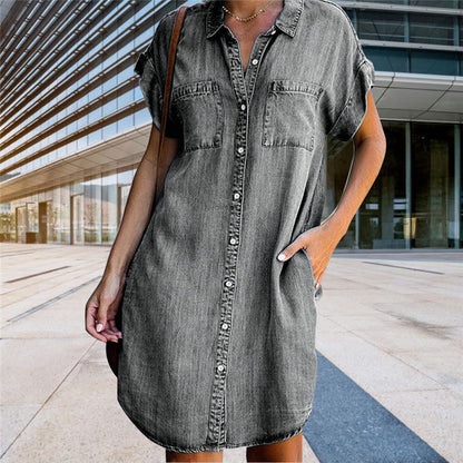 🔥【50% sleva】✨【Vysoce kvalitní sukně】😍【S-5XL】Džínové šaty s krátkým rukávem-3969896