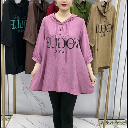 🔥👚【2XL-6XL】2025 nové módní tričko volné velikosti s kapucí, tenké ledové hedvábné bavlněné bavlněné konopné tričko