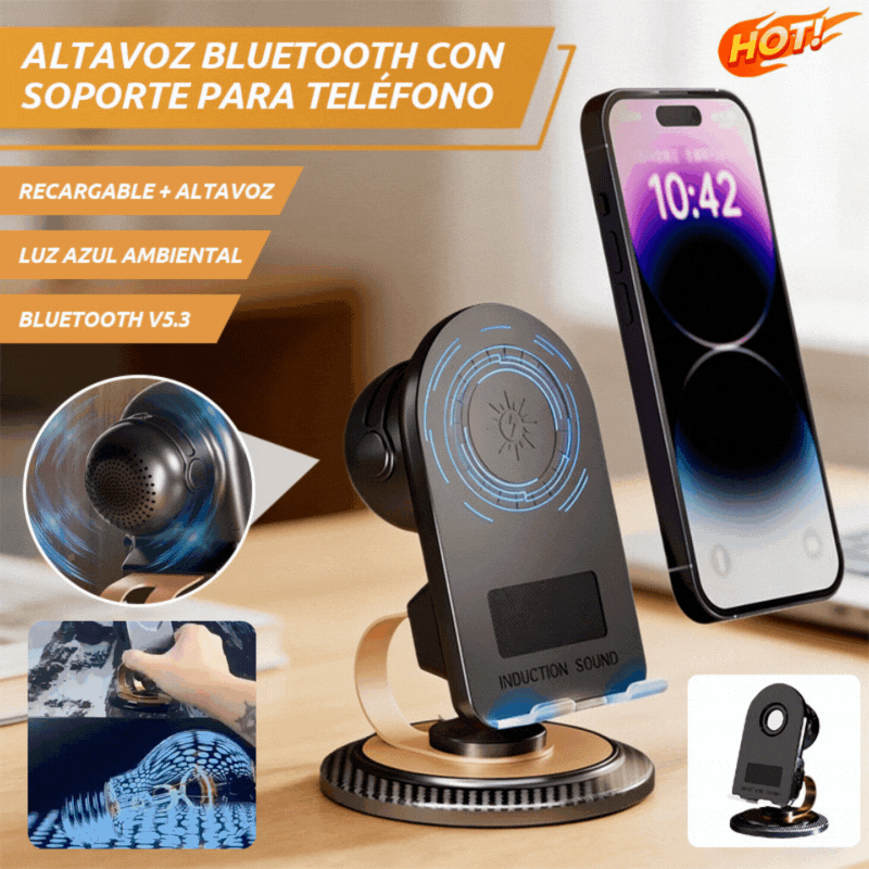 🔥📢 ¡50% de DESCUENTO! Altavoz Bluetooth 5 en 1 con carga inalámbrica y soporte ajustable para teléfono 🎶⚡