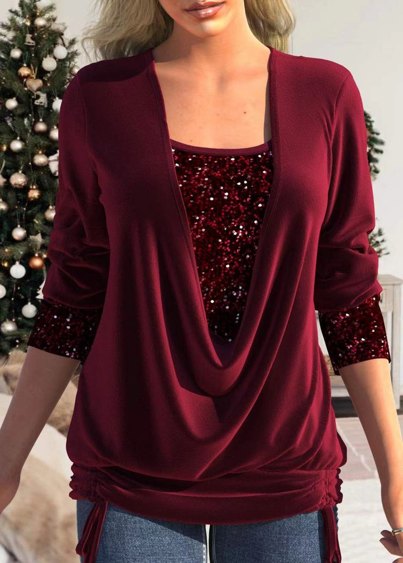 ✨【M–5XL】Nový flitrovaný dvoudílný top s dlouhými rukávy a kontrastním velkým límcem