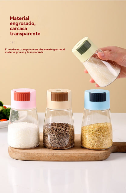 【Compra 2 y llévate 2 gratis】Recipiente medidor de sal tipo prensa de cocina, caja de condimentos, botella de condimentos de cocina