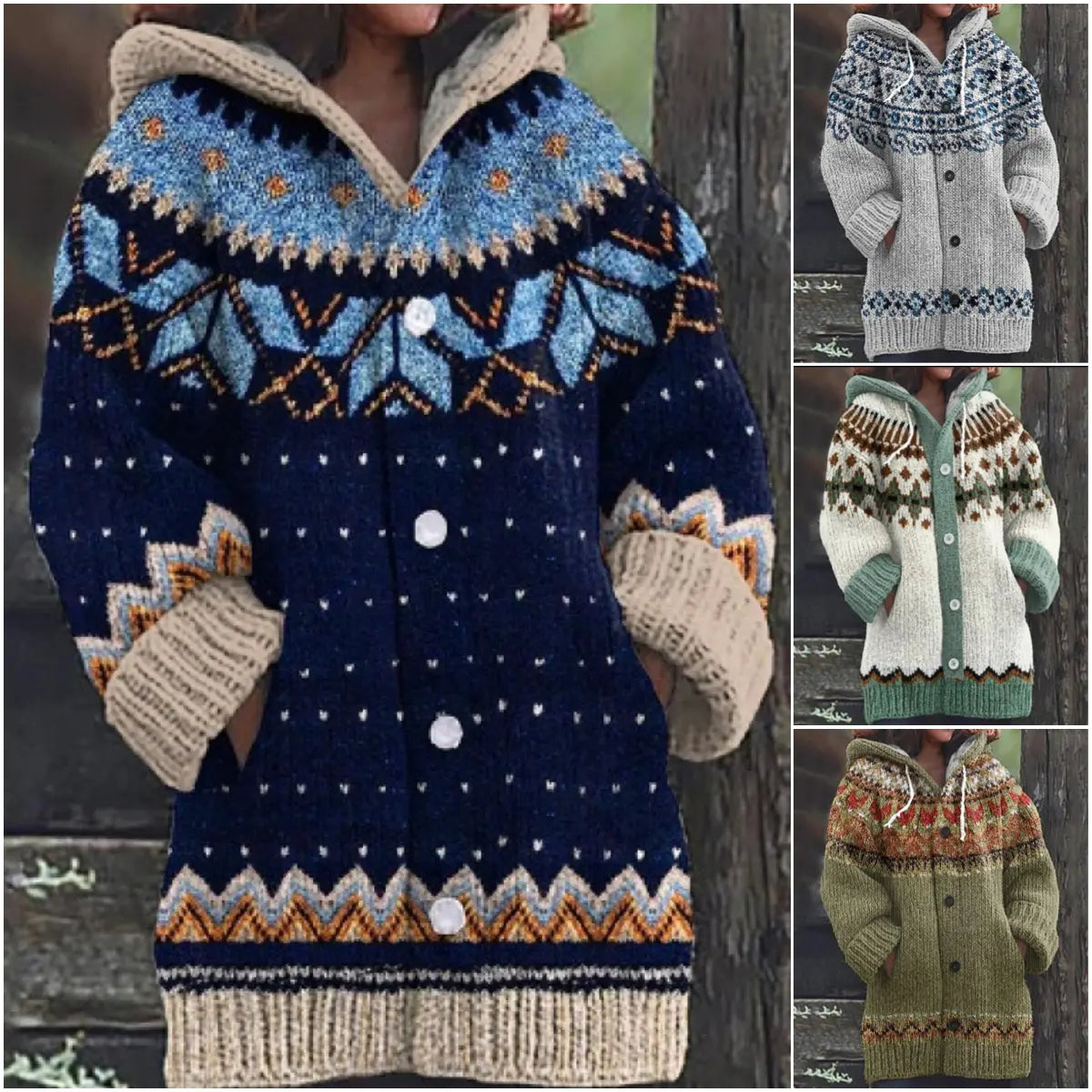 🔥【S–5XL】✨Naujas moteriškas megztas švarkelis su gobtuvu, geometrinis raštas, užsegamas sagomis, rudeniui ir žiemai, dydžiai S–5XL