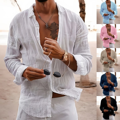 🔥【50% de descuento】Camisa de hombre de algodón y lino con cuello doblado.【S-5XL】