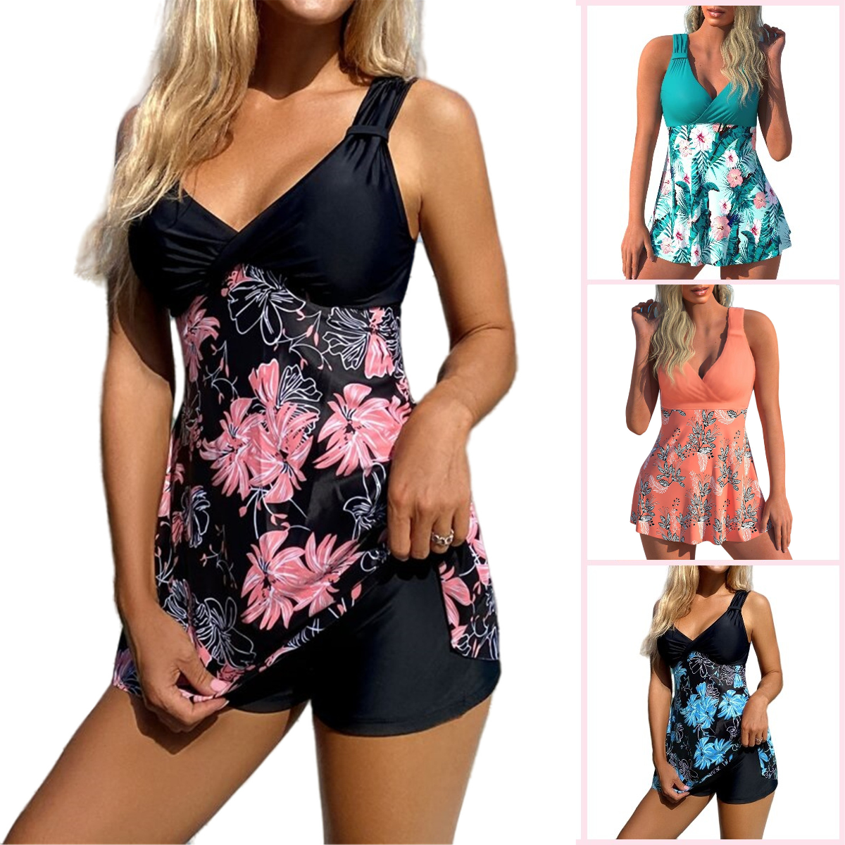 🌴🏖️【Último día - 50% de descuento🔥】【S-5XL】Nuevo conjunto de traje de baño estampado, diseño de tallas grandes, incluye shorts, tela de secado rápido