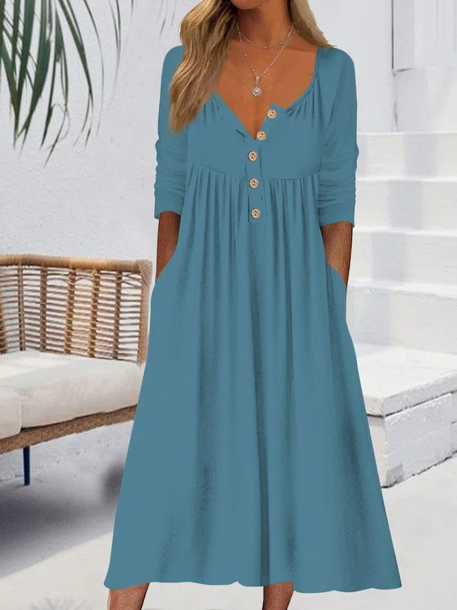 💥【Výhodná cena】【S-3XL】 Jednobarevné midi šaty s knoflíky-3919114