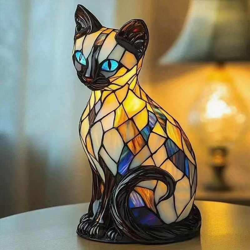 🐱Lámpara de mesa con forma de gato, lámpara de noche retro fabricada en resina de colores, con temática de gatos
