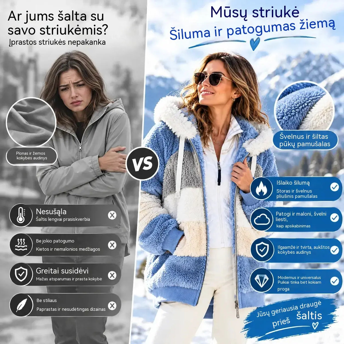 ☃️Ribotas pasiūlymas: 35 % nuolaida❄️【S–5XL】Nauja 2026 m. moteriška žieminė striukė – šilta, su pūkuotomis juostelėmis