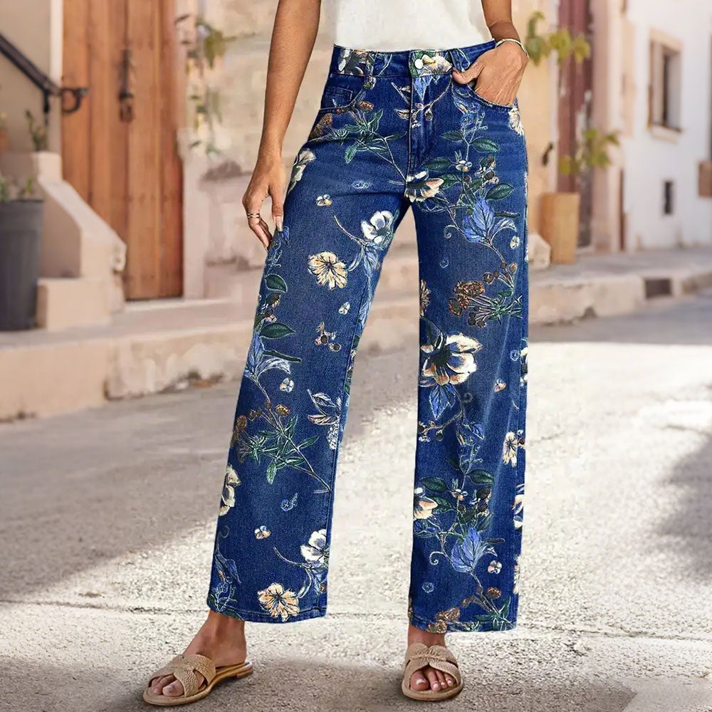 🔥【Alta calidad】👖Jeans mujer rectos de pierna ancha con estampado, cómodos y modernos para primavera y otoño