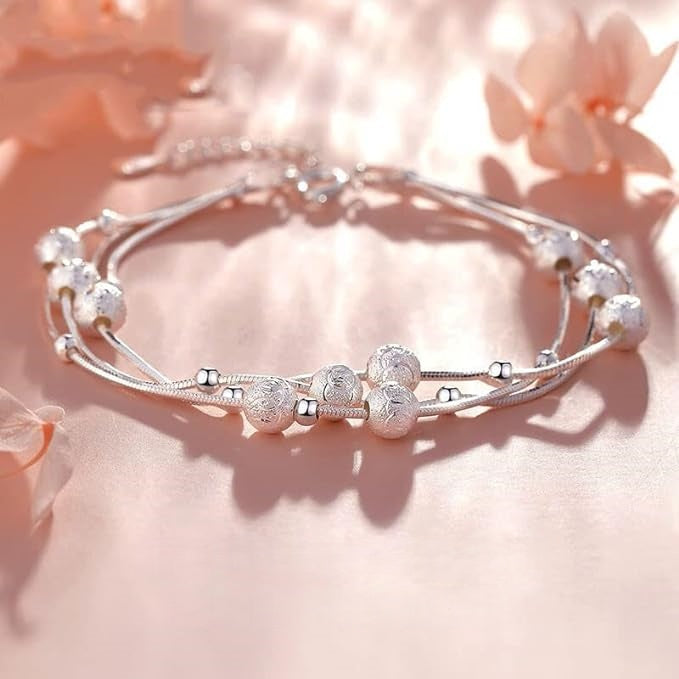 🍨【Compra uno y llévate otro】🧊 Pulsera plateada con cuentas de la suerte "Tres vidas", elegante y brillante para ella